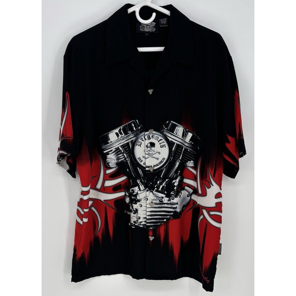 Vintage Y2K Dragonfly Motorcycle V-Twin Engine Biker Tribal Bowling Shirt L NWOT